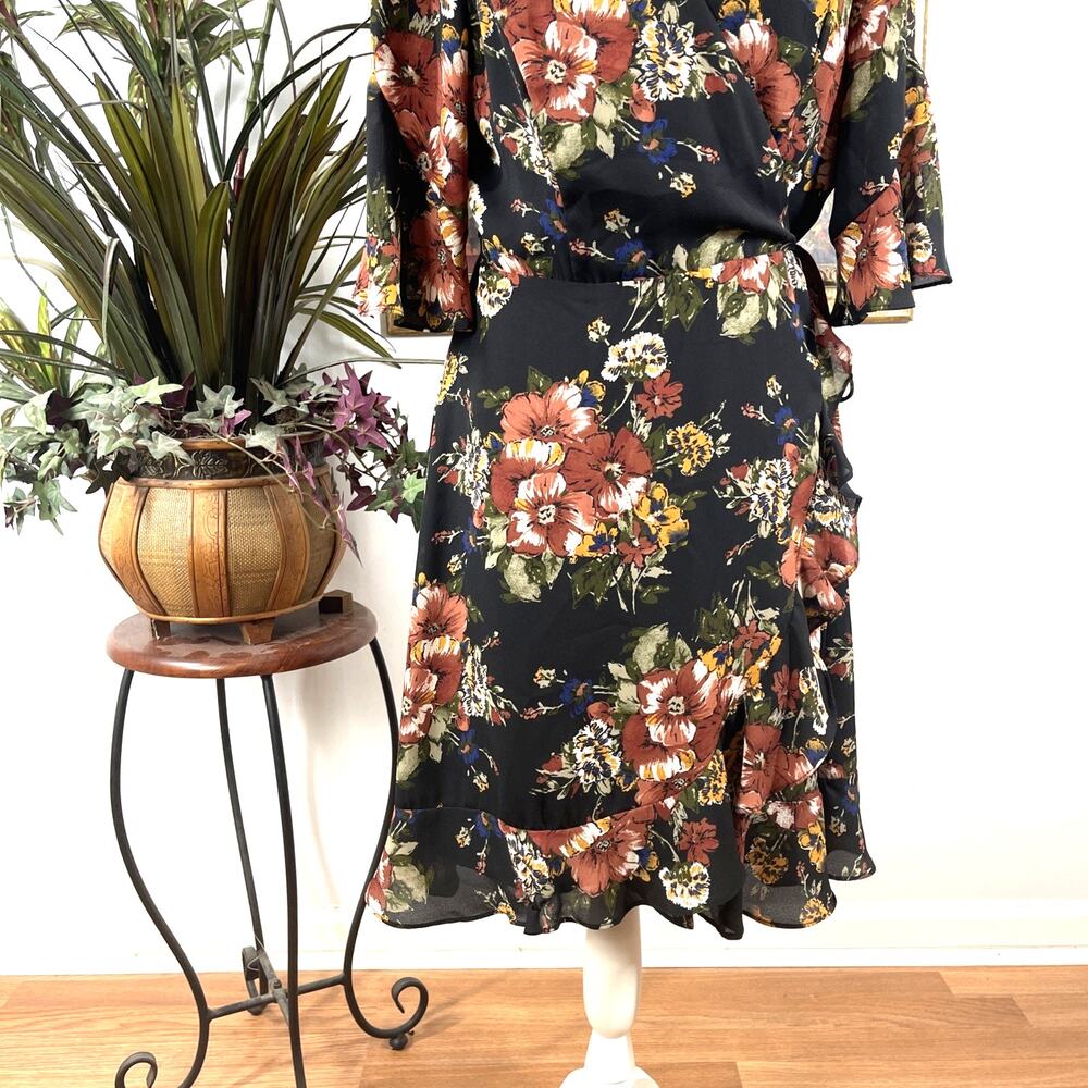 June & Hudson Floral Wrap Dress Women's Size L Black Ruffle Midi Boho V-Neck - Picture 2 of 13
